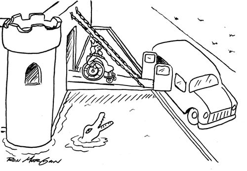 King uses drawbridge as wheelchair ramp to his van.