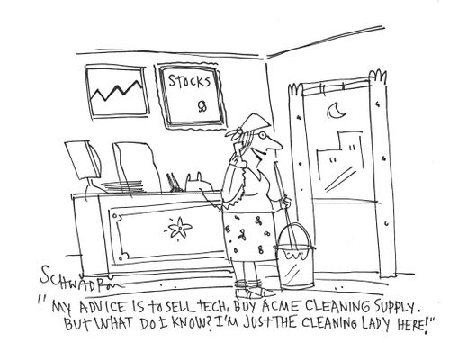 'My advice is to sell tech, buy acme cleaning supply. But what do I know? I'm just the cleaning lady here!'