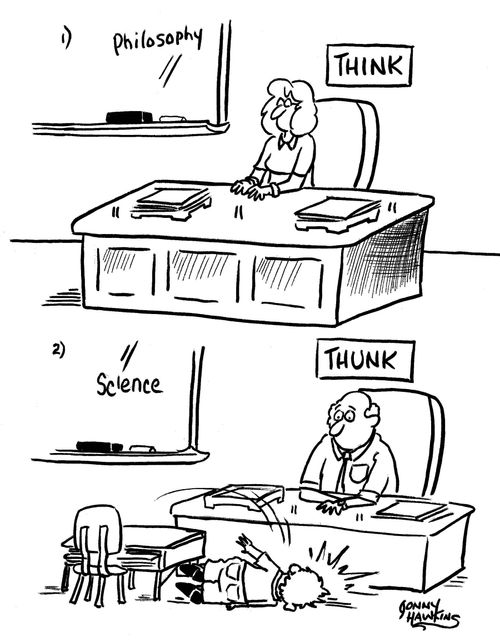 Teacher's sign in Philosophy class reads: 'Think', Sign in Science class reads 'Thunk' as student falls over.
