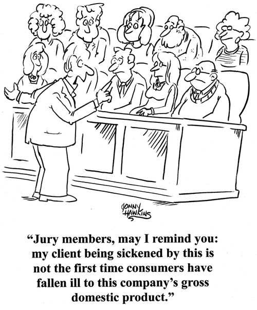 Lawyer to jury: 'Jury members, may I remind you: my client being sickened by this is not the first time consumers have fallen ill to this company's gross domestic product.'