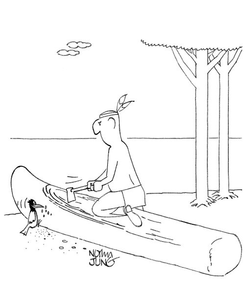 Indian hollowing out log for a canoe sees woodpecker pecking his log