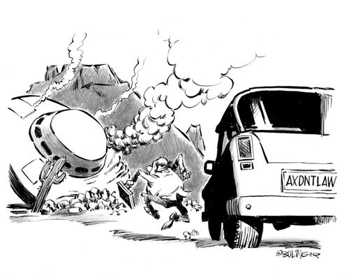 Crashed saucer, man running, vanity license plate reads 'AXDNTLAW'