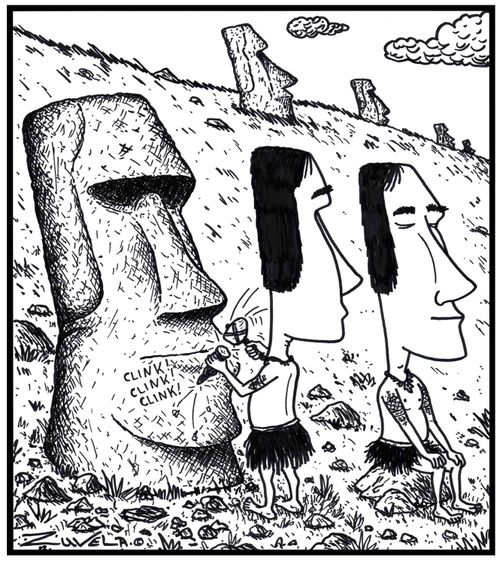 An Easter Island sculptor working on a statue.They both look like the statues. 