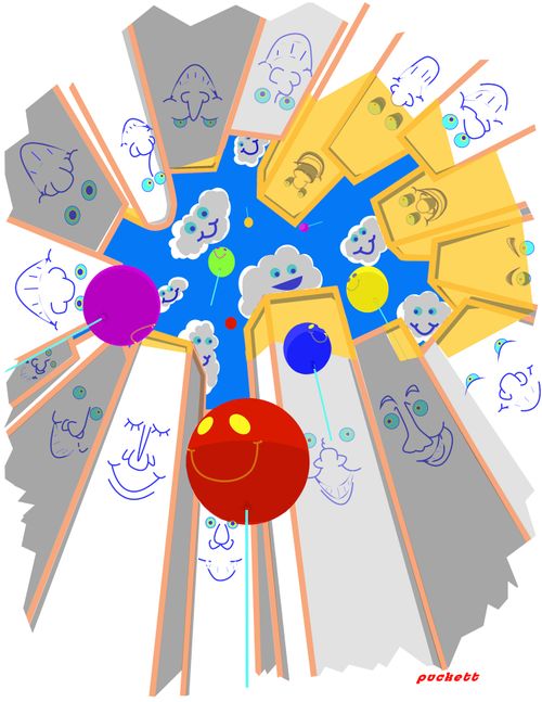 Very Happy balloons are leaving a city to be received by very happy clouds.