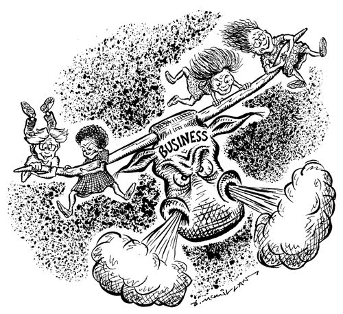 People hanging on to the horns of the raging bull of 'Business'