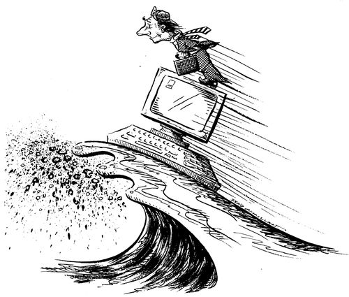 Businessman surfing on a computer in the sea