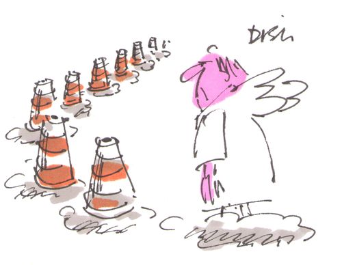 Angel annoyed by traffic cones on clouds.
