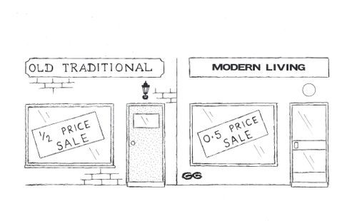 Shops (traditional and modern) with half-price sale signs on.