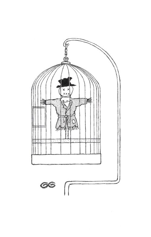 Scarecrow in a birdcage