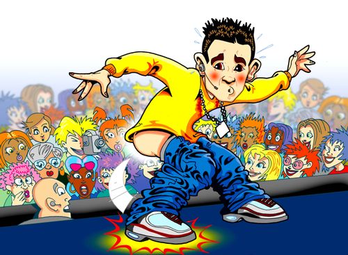 Rapper's baggy trousers fall down on stage.