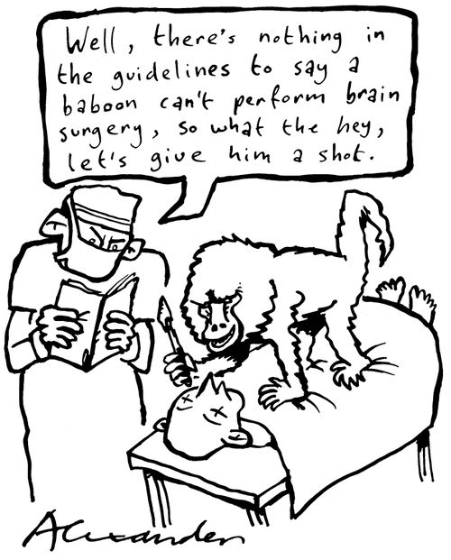"Well, there's nothing in the rules that says baboons can't perform surgery, so what the hey, let's give him a shot."