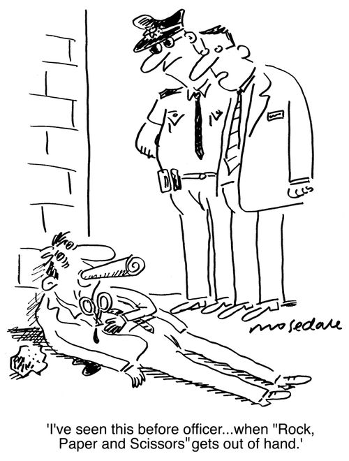 'I've seen this before officer...when 'Rock, Paper and Scissors' gets out of hand.'