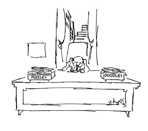 In trays read 'Crossword Puzzles' and 'Doodles'.  
