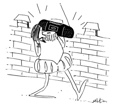 Headless ghost listening to ghetto blaster.