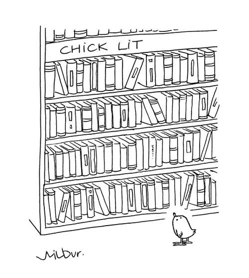 Chick stands in front of bookshelf marked 'chick lit'