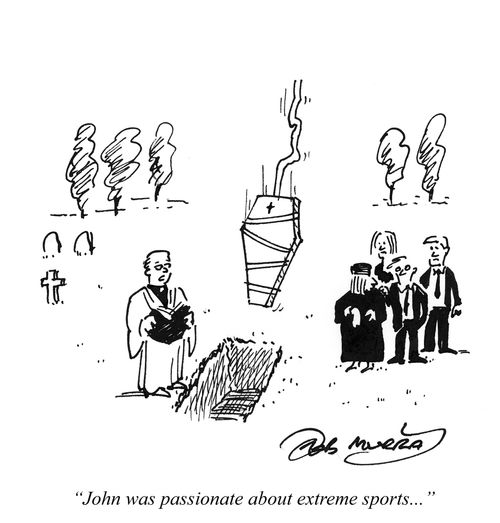 'John was passionate about extreme sports...' (A coffin on a bungee rope plummets towards an open grave)