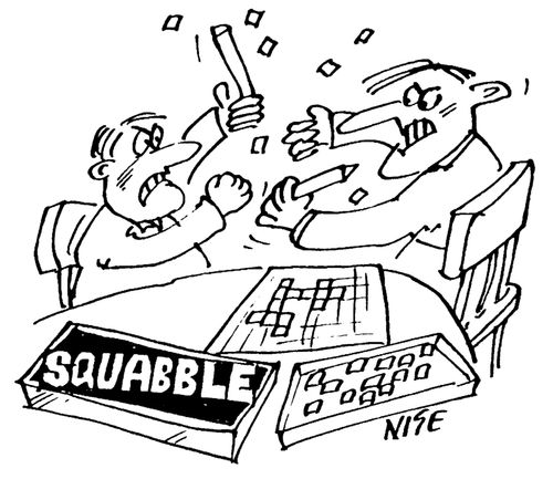 Players fight over a board-game called 'Squabble'.