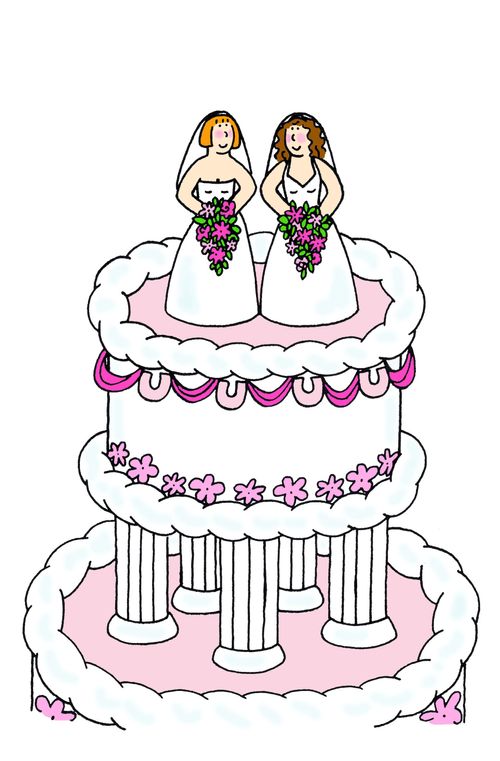 Two brides on wedding cake.