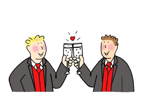Two grooms/wedding guests raise a glass.