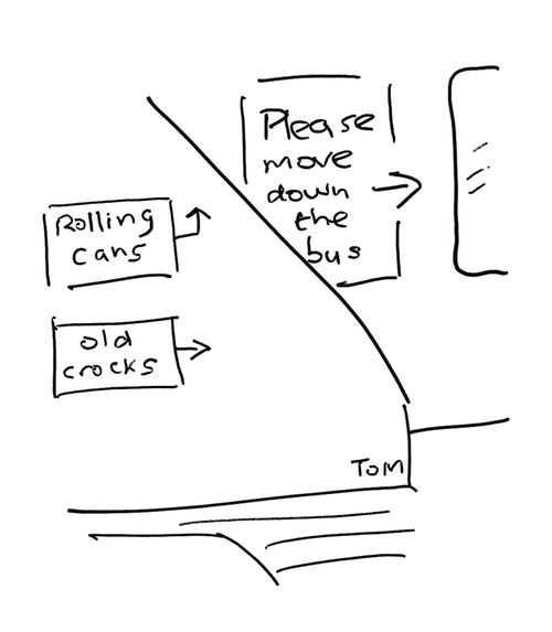 Bus: Rolling cans upstairs, old crocks downstairs.