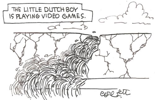 The little Dutch boy is playing video games. 