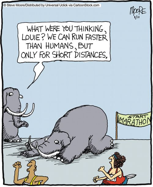 'What were you thinking, Louie? We can run faster than humans, but only for short distances.'