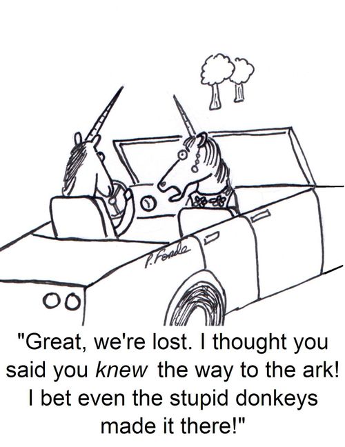 'Great, we're lost. I thought you said you knew the way to the ark! I bet even the stupid monkeys made it there!'