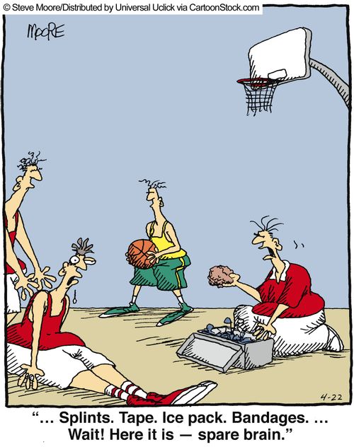 '...Splints. Tape. Ice pack. Bandages....Wait! Here it is - spare brain.'