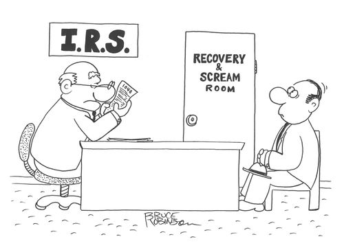 I.R.S. tax office with man sitting in front of agent's desk looking at RECOVERY & SCREAM ROOM door.