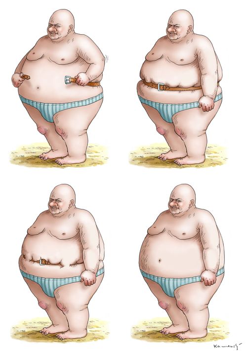 Fat man's expanding waist swallows up his belt.