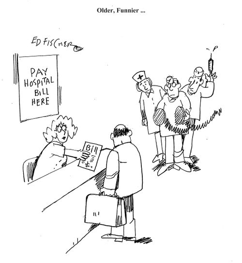 Man about to pay his hospital bill notices a team of doctors and nurses waiting to resuscitate him.