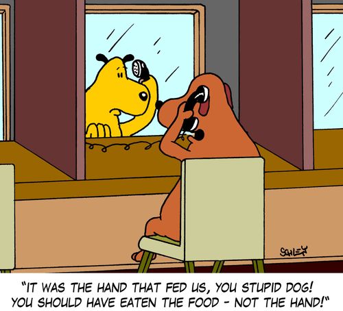 'It was the hand that fed us, you stupid dog! You should have eaten the food - not the hand!'