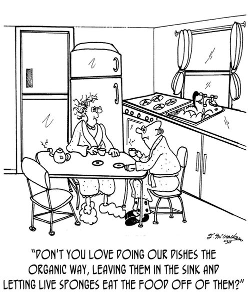 'Don't you love doing our dishes the organic way, leaving them in the sink and letting live sponges eat the food off of them?'