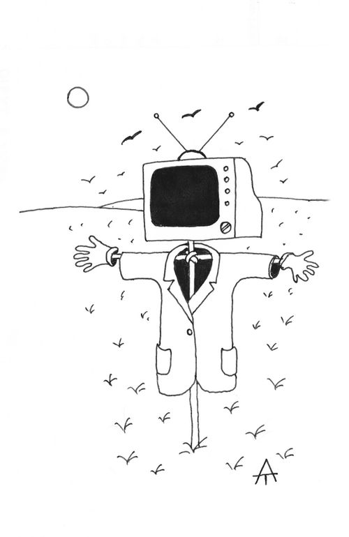 Scarecrow with a TV head.