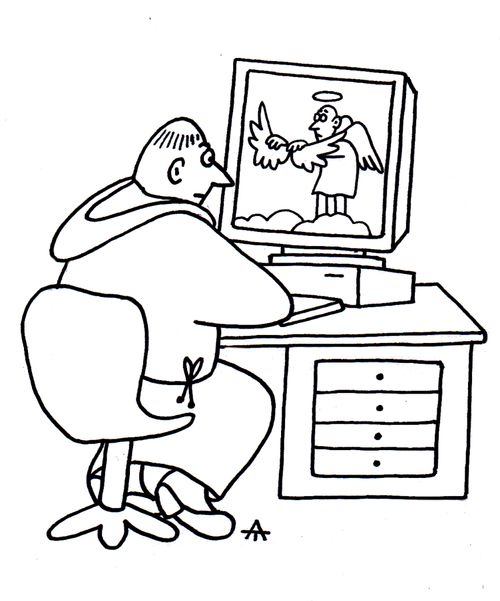 Monk at computer.