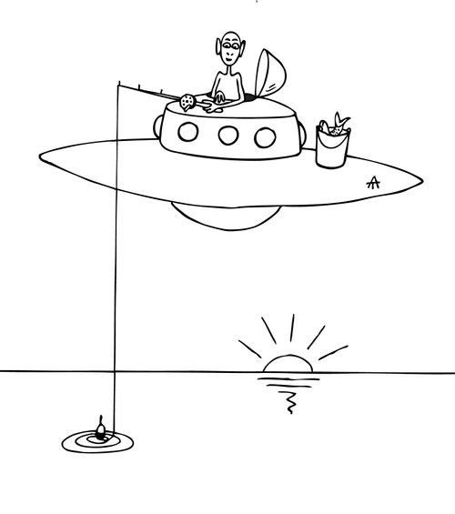 Alien fishing from his flying saucer.
