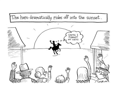 The hero dramatically rides off into the sunset.