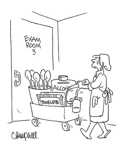 Cleaning woman enter's doctor's office with huge medical supplies to use to clean office.