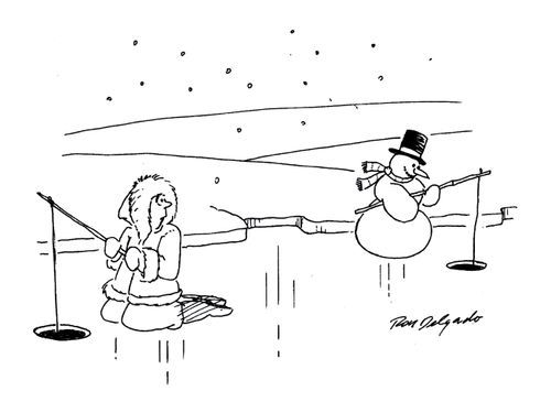 Snowman ice fishing.