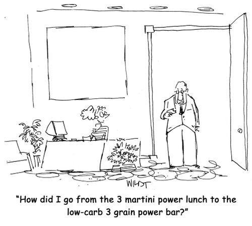How did I go from the 3 martini power lunch to the low-carb 3 grain power bar?