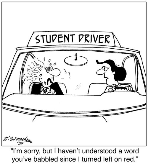 'I'm sorry, but I haven't understood a word you've babbled since I turned left on red.'