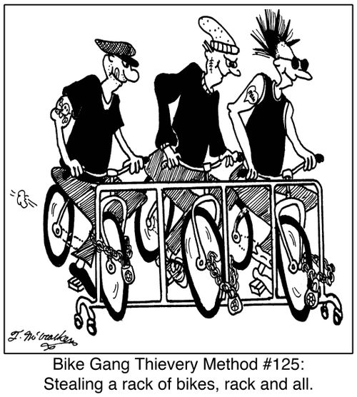Bike Gang Thievery Method #125: Stealing a rack of bikes, rack and all.
