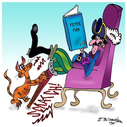 A cat using a pirate's leg as a scratching post.