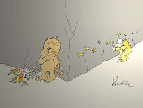 Lion trapping archaeologists with cave paintings.