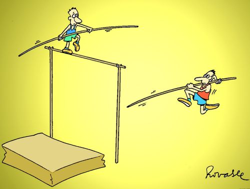 Pole vaulter jumping over a tight rope walker.