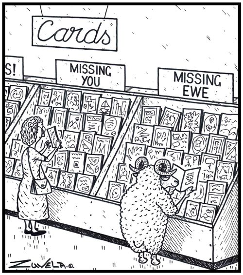 Cards, Missing You, Missing Ewe (a ram looking for a card for his loved one),