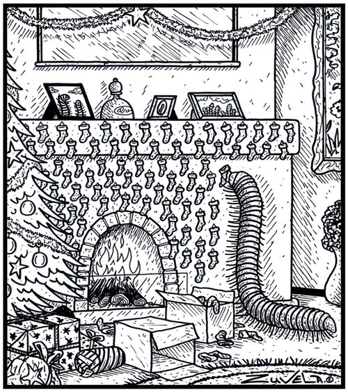 A millipede hanging up his Christmas stockings.