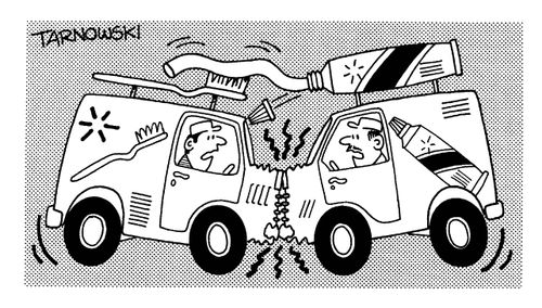 Toothbrush van crashing into a toothpaste van.
