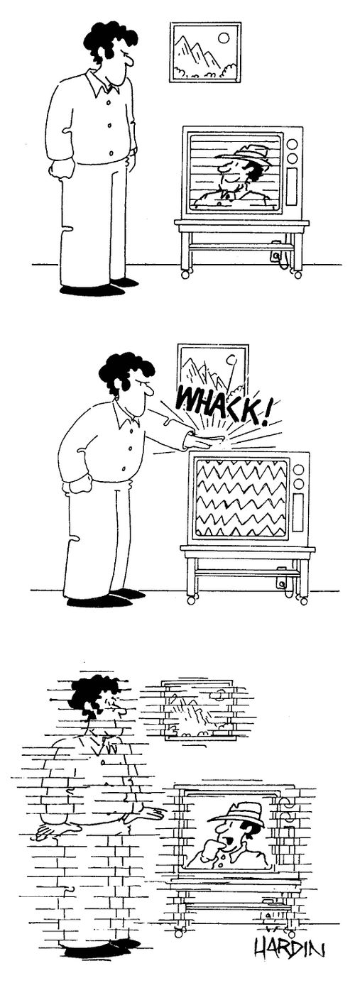Man hitting a TV and going out of focus himself.