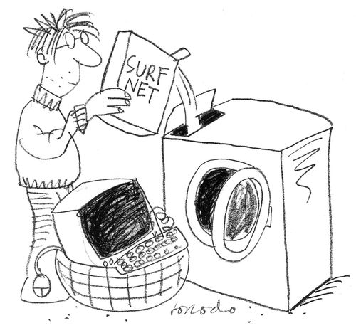 Man washing his computer with 'Surf Net'.